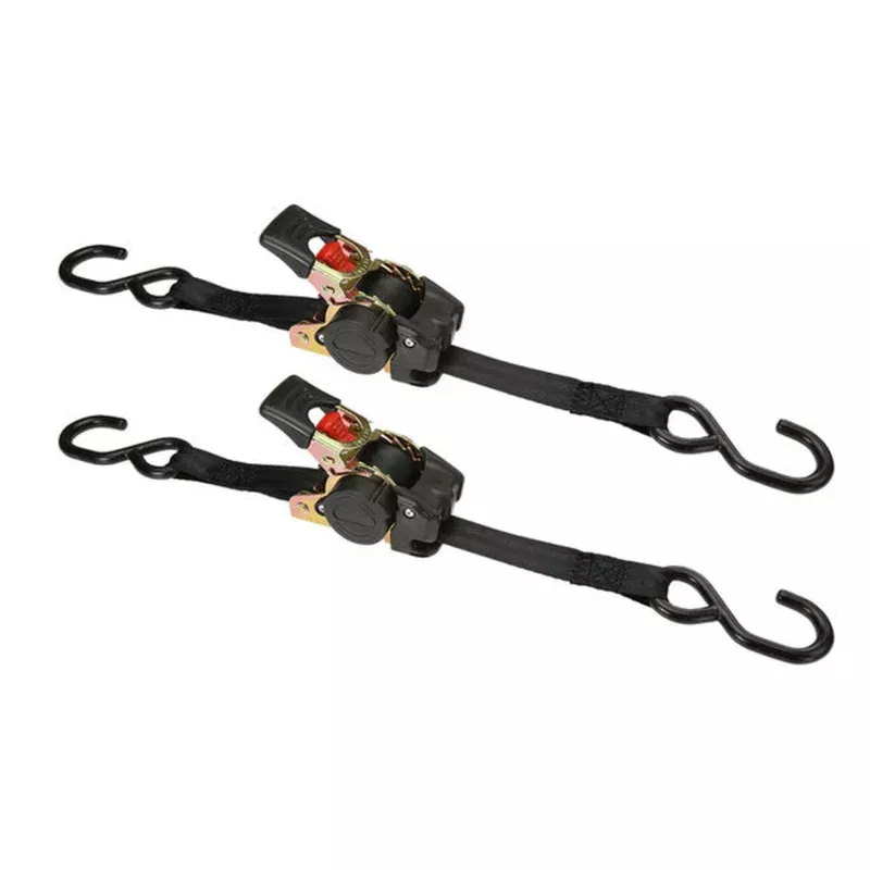 1″ x 6′ Retractable Ratchet Strap w/ Vinyl Coated S-Hooks and Push Button Release | 2-Pack