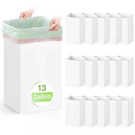 16 Pack Disposable Trash Cans for Parties, 13 Gallon Large Collapsible Garbage Cans, Thick Recycled Cardboard Reusable Recycling Bins for Party Events Camping (13" L x 10" W x 21" H), White