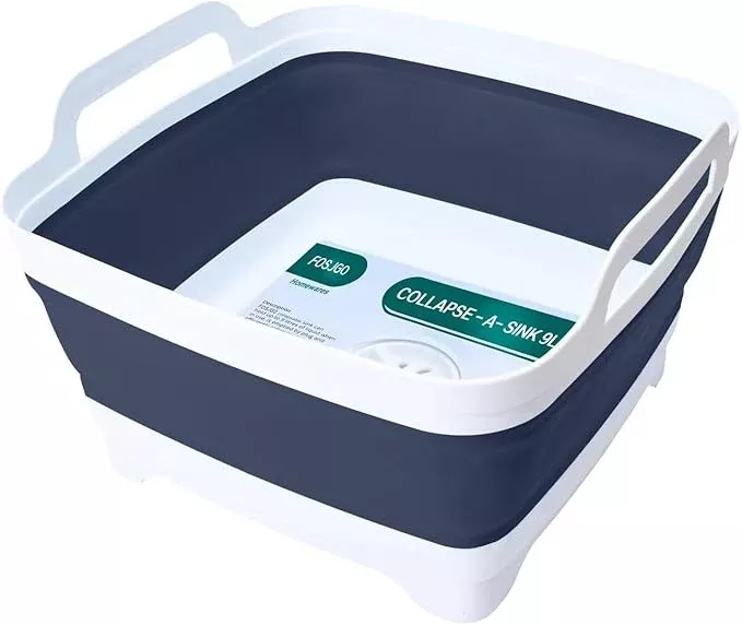 2.4 Gal(9L) Collapsible Dish Basin with Drain Plug,Space Saving Multiuse Foldable Sink Tub,Dishpan,Kitchen Sink for Camping,Plastic Tub,Vegetable Washing,RV…
