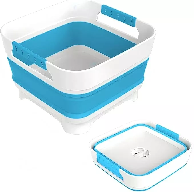 2.4 Gal Collapsbile Wash Basin with Drian Plug,9L Dish Pan for Soaking Baby Bottles,Portable Sink, Multiuse Foldable Bucket,Ice Beverage Tubs for Camping, Vegetable Washing, RV (Viva Magenta)