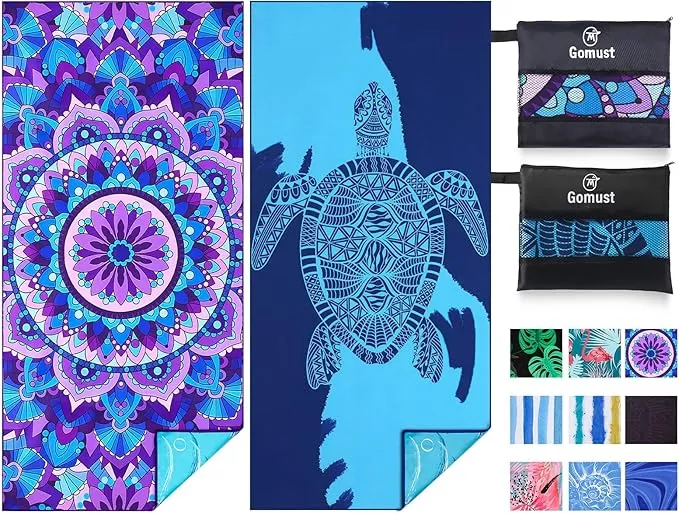2 Pack Lightweight Thin Beach Towel Oversized 71"x32" Big Extra Large Microfiber Sand Free Towels for Adult Quick Dry Travel Camping Beach Accessories Vacation Essential Gift Black Mandala Blue Shell