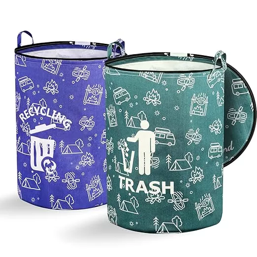 2 Pcs 30 Gallon Collapsible Trash Can Portable Waterproof Reusable with Zippered Lid for RV's, Camping, Recycling, Yard Waste, Leaf Bag, Children Toy Bin (Trash and Recycling)