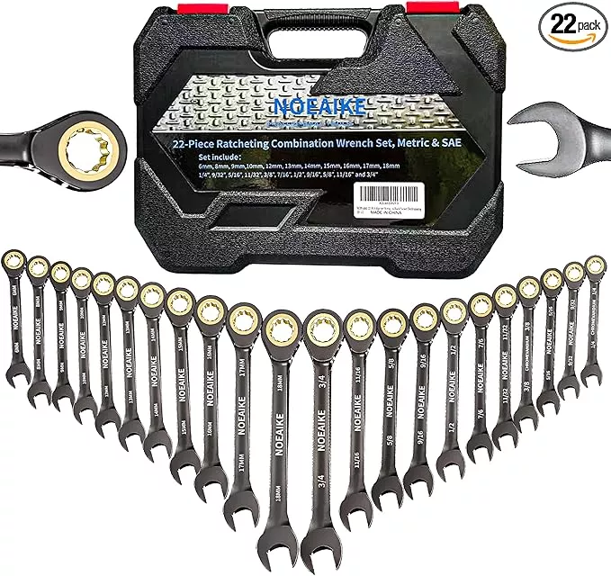 22-PCS Ratchet Wrenches Set,Anti-slip Teeth,Ratcheting Combination Wrench Sets Metric 6-18mm & SAE 1/4"-3/4" with Organizer Box,Black Nickel Electroplating