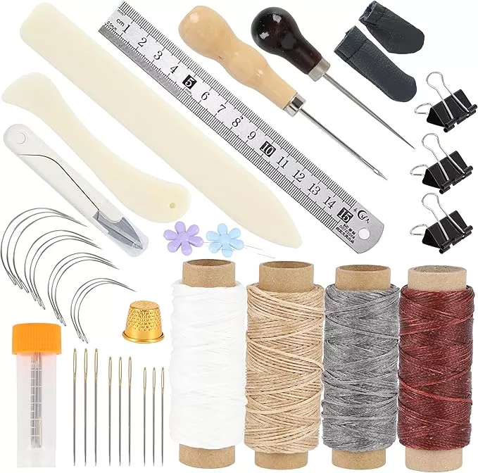 39 Pcs Bookbinding Tools Kit with Bone Folder, Waxed Thread, Binding Ribbon, Glue Brush, Awl, Needles, Ruler for DIY Bookbinding, Paper Crafts, and Book Repair