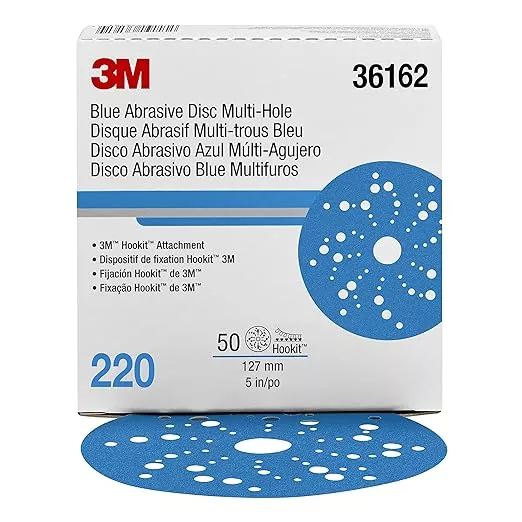 3M Hookit Blue Abrasive Discs 36162, Multi-Hole, 5 in, 220+ Grade, Pack of 50, Virtually Dust-Free, for Auto Sanding, Body Repair, Featheredging, Primer Sanding, Paint Preparation, E-Coat Sanding
