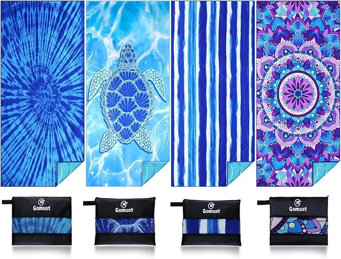 4 Pack Lightweight Thin Beach Towel Oversized 71"x32" Big Extra Large Microfiber Sand Free Towels for Adult Quick Dry Travel Camping Beach Accessories Vacation Gift Blue Turtles Tie Dye Mandala