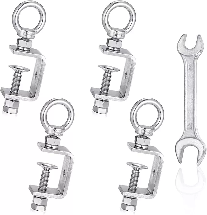 4-Pack Small C Clamps – 304 Stainless Steel Beam Clamps with M10 Screw Ring | Adjustable, Rust-Resistant I Beam Clamps for Ring Beams, Welding, Woodworking, Plants & Desk Use. Wide Jaw Openings (45MM)