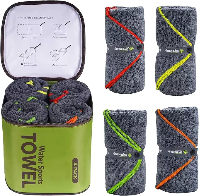 4Monster 4 Pack Microfiber Camping Towel Quick Dry, Super Absorbent Travel Towel with Waterproof Bag, Lightweight Boat Towel for RV, Sport, Gym, Beach, Pool, Swim,Family Trip