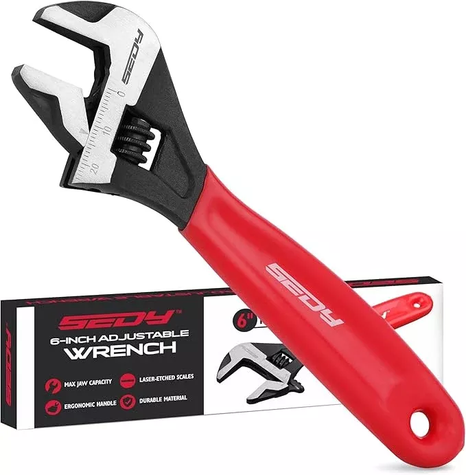 6" Adjustable Wrench Pipe Spanner: Wide Jaw Black Oxide Wrench With Cushion Grip, Laser Marked Metric & SAE Scales, CR-V Steel, for Professionals