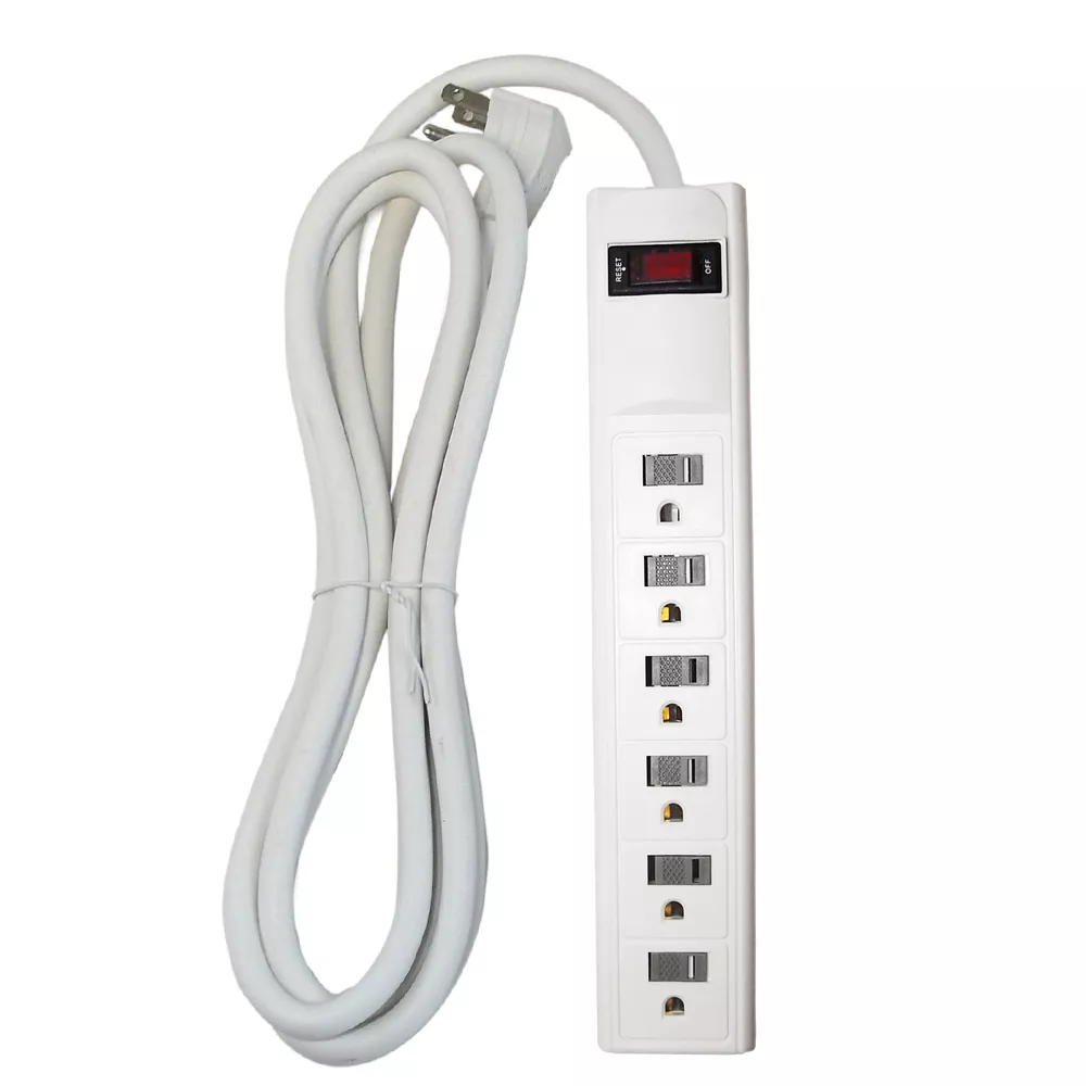 6 Outlet Power Strip - 8 ft cord, Down Angle Plug - White