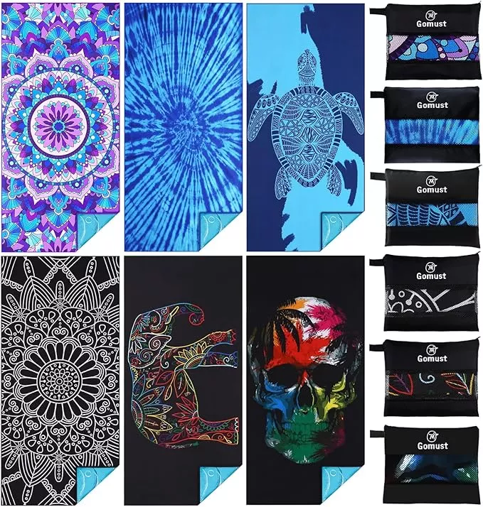 6 Pack Lightweight Thin Beach Towel Oversized 71"x32" Big Extra Large Microfiber Sand Free Towels for Adult Quick Dry Travel Camping Beach Accessories Gift Sea Turtle Mandala Tie Dye Stripe Laguna