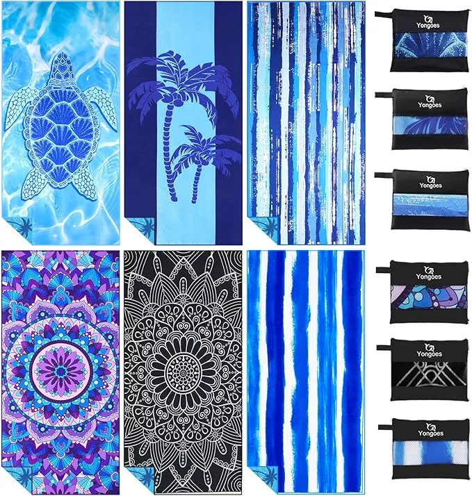 6 Pack Microfiber Lightweight Thin Beach Towel Sand Free Quick Dry Super Absorbent Large Towels for Swimming Pool Yoga Gym Travel Vacation Beach Accessories Essentials for Adults