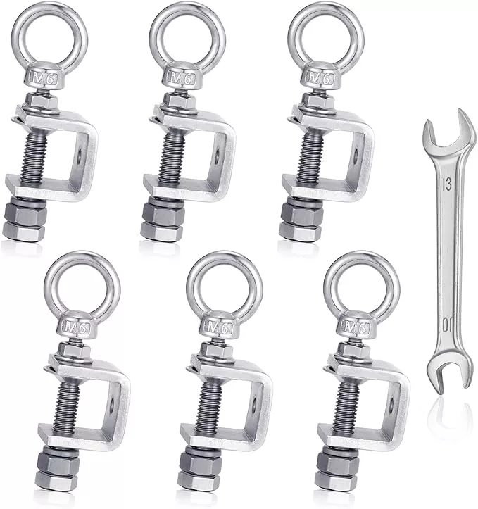 6-Pack Small C Clamps – 304 Stainless Steel Beam Clamps with M6 Screw Ring | Adjustable, Rust-Resistant I Beam Clamps for Ring Beams, Welding, Woodworking, Plants & Desk Use. Wide Jaw Openings (20MM)