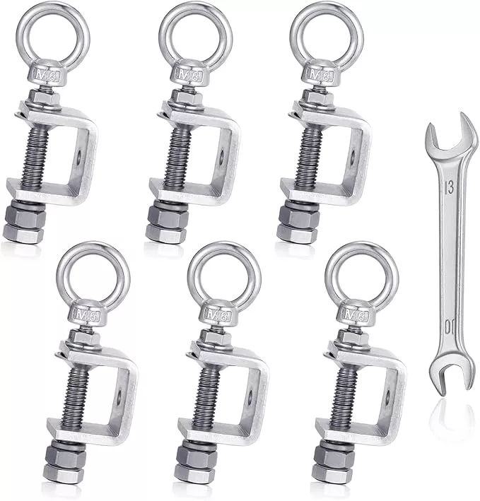 6-Pack Small C Clamps – 304 Stainless Steel Beam Clamps with M8 Screw Ring | Adjustable, Rust-Resistant I Beam Clamps for Ring Beams, Welding, Woodworking, Plants & Desk Use. Wide Jaw Openings (30MM)