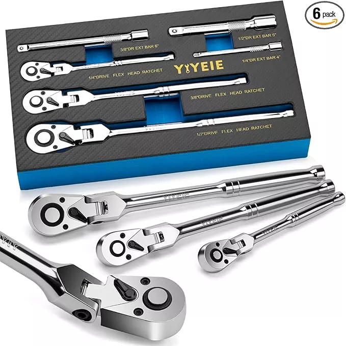 6-Piece Flex Head Ratchet Set, 1/4", 3/8", 1/2" Drive, Swivel Head Ratchet Wrench with Extension Bar, 72 Tooth, 180° Adjustable, Quick-Release, Flexible Ratchet Handle with EVA Foam