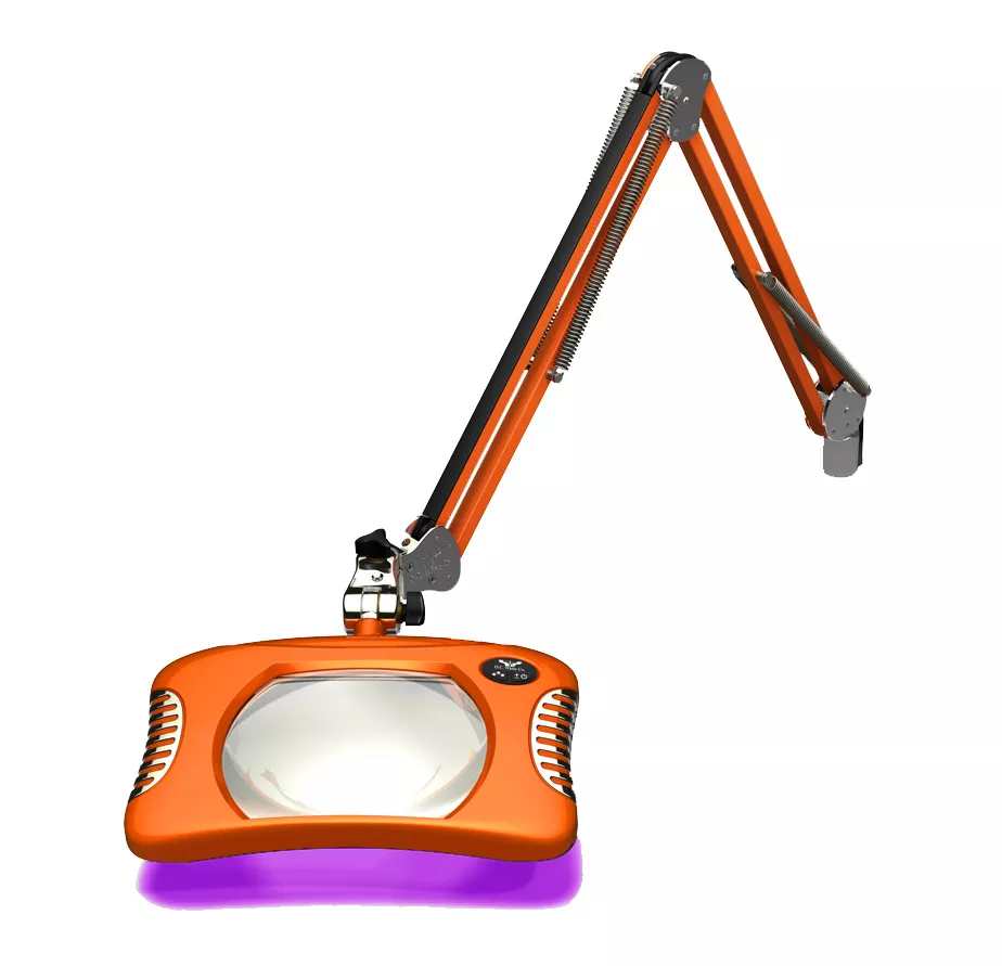 7" x 5.25" Rectangle UV Green-Lite LED Magnifier - Screw Down - 30" Reach - Brilliant Orange