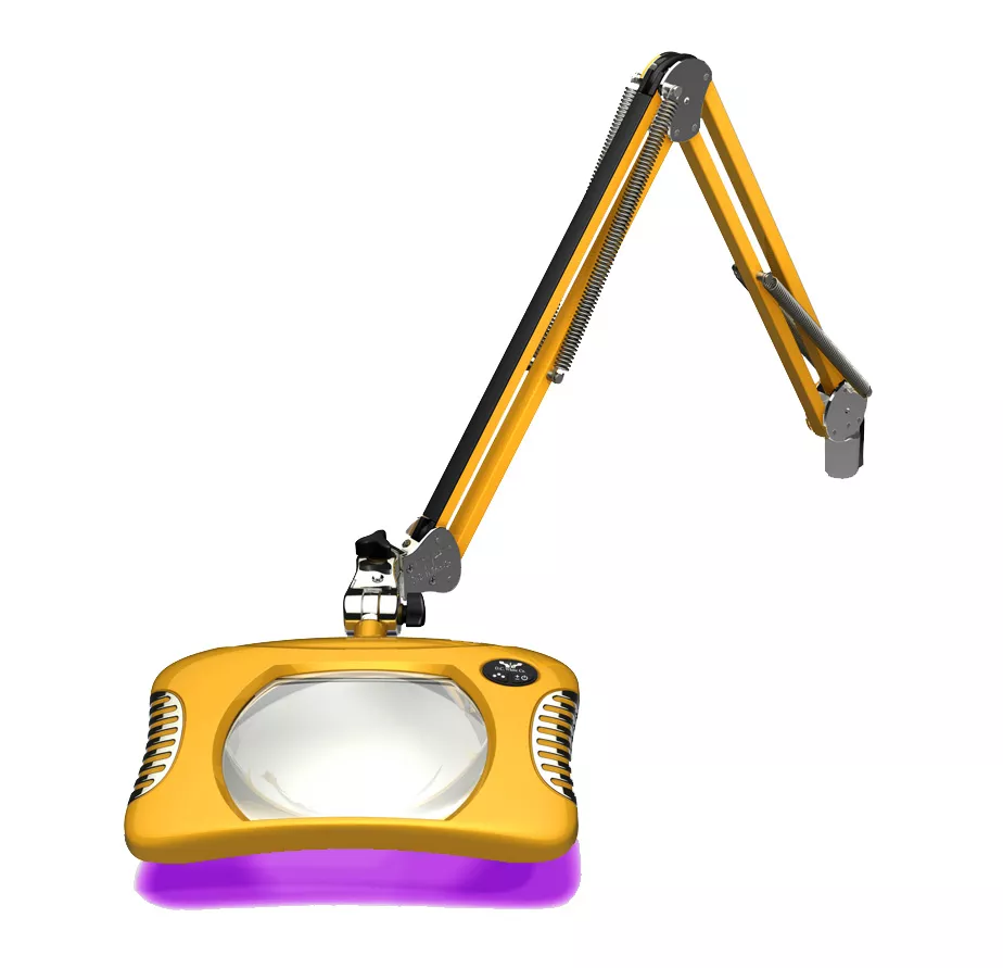 7" x 5.25" Rectangle UV Green-Lite LED Magnifier - Table Edge Clamp - 43" Reach - Blazing Yellow