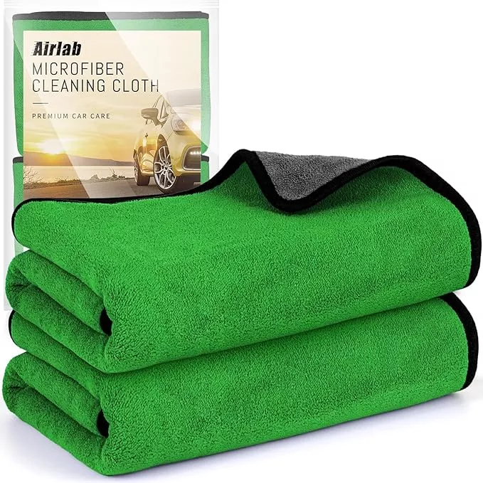 Airlab Microfiber Towels for Cars Wash Drying Thick Plush Cleaning Cloth Auto Detailing Super Absorbent for Interior & Exterior Lint Free, Streak Free, 35 x 24 Inch, 500 GSM, Pack of 2, Grey-Green