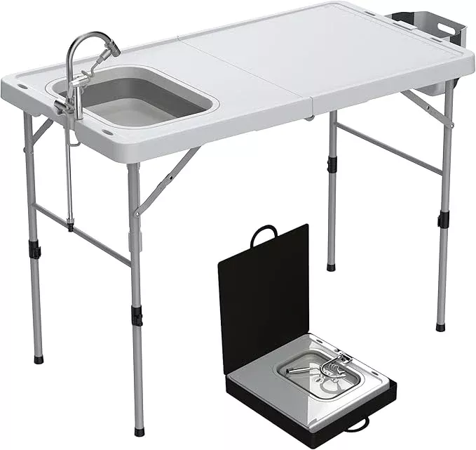 Allpop 50'' Folding Fish Cleaning Table with Foldable Sink, Fold-in-Half Portable Camping Fish Station with Foldable Faucet, Drainage Hose, Sprayer, Storage Box, Grooves & Carry Bag for Picnic, White
