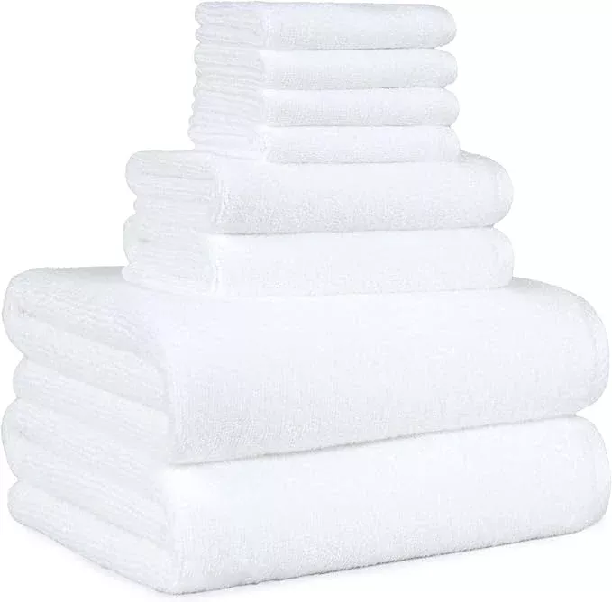 Amazon Basics 100% Cotton Soft Quick-Dry Bath Towel Set, 8-Piece, White, 10" x 7"