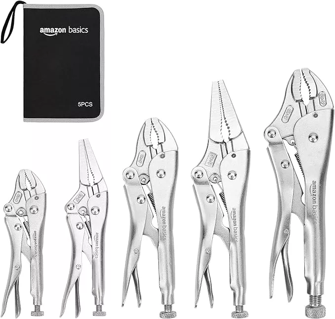 Amazon Basics 5-Piece CR-V Locking Pliers and Wire Cutters Set with Carrying Case, 2 Straight, 3 Curved Jaw, 6.5-10 inch, Silver