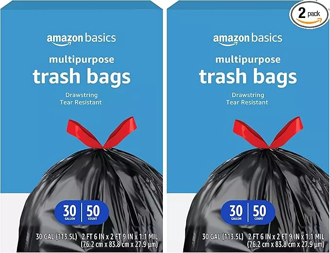 Amazon Basics Multipurpose Drawstring Trash Bags, 30 Gallon, 50 Count (Previously Solimo)