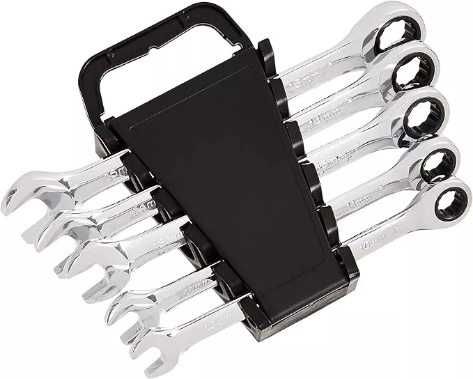 Amazon Basics Ratcheting Wrench Set, Metric, 5 Piece, Black/Silver