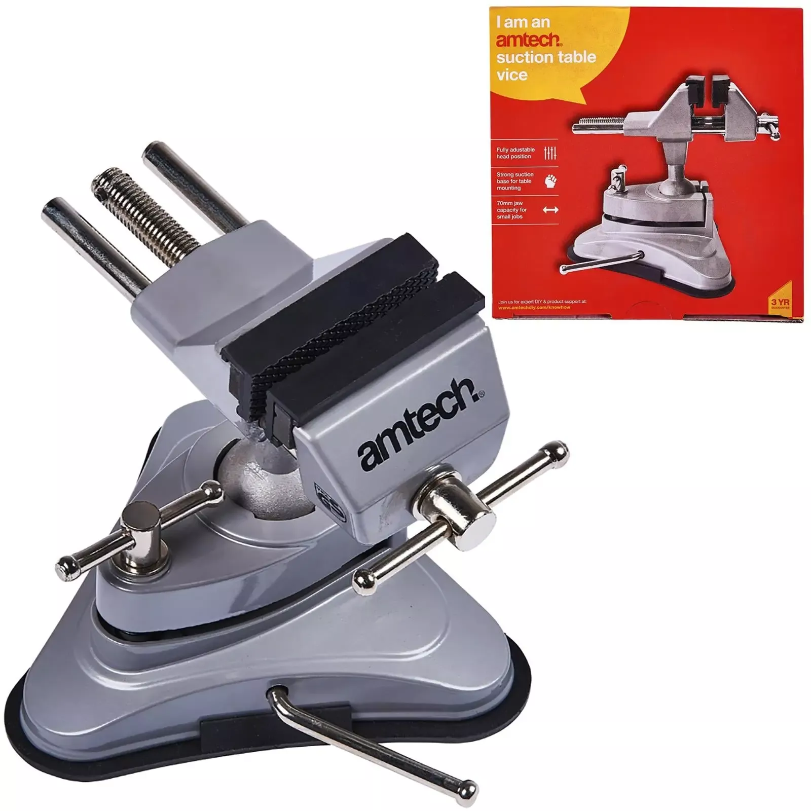 Amtech Bench Vice Clamp Table Suction Base Soft Jaws Rotating 70mm 2.75