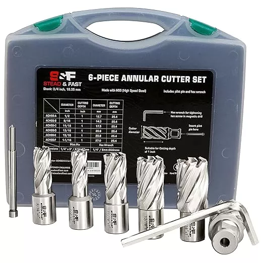 Annular Cutter Set 6 Pcs, Weldon Shank 3/4”, Cutting Depth 1”, Outside Diameter 1/2 to 1-1/16 Inch, Mag Drill Bits Kit for Magnetic Drill Press by S&F STEAD & FAST