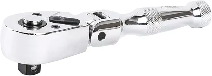 ARES 42044 - Flex Head Stubby Ratchet - 3/8-Inch Drive 72-Tooth Ratchet - Premium Chrome Vanadium Steel Construction & Mirror Polish Finish - Quick Release Reversible Direction Head Design