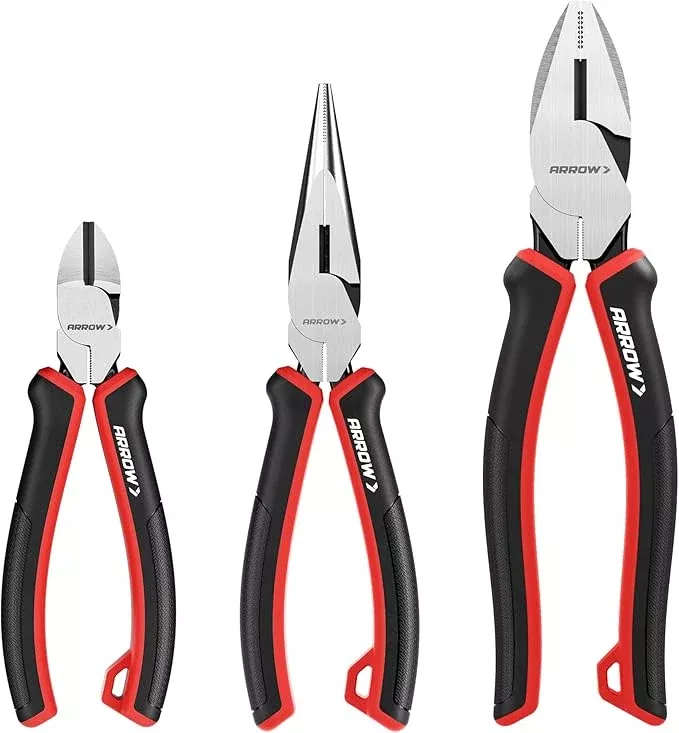 ARROW 3PC Pliers Set, Includes 8.5 Inch Linesman, 8 Inch Needle Nose Pliers, 6 Inch Diagonal Cutter, Comfortable Ergonomic Anti-slip Handle, for Basic Repairs