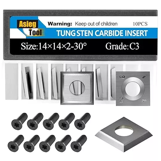 Asieg Tool 14 x 14 x 2mm-30° Carbide Inserts Cutters Knives Blades with Screws for Grizzly T21348 and Woodworking Spiral Helical Planer Head 10pcs