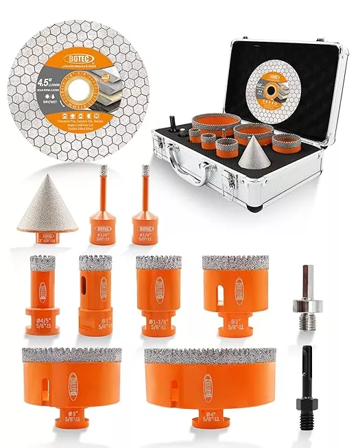 BGTEC Diamond Hole Saw Kit - 11PCS 6/6/20/25/35/50/75/100mm Drill Bits & 50mm Chamfering Bit & SDS/HEX & 115mm Tile Blade for Porcelain Tile Ceramic Granite Marble Stoneware