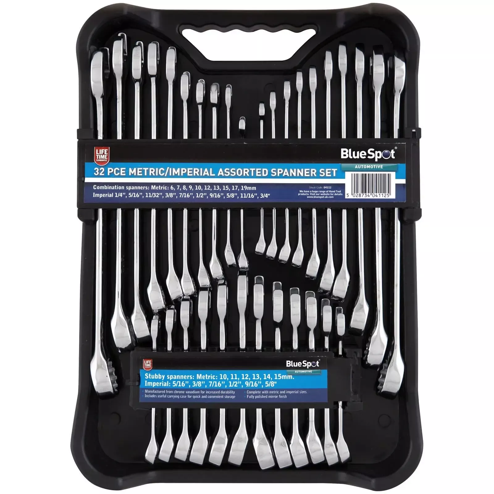 BlueSpot Assorted Spanner Set Metric Imperial 6-19mm 1/4"-5/8" 32 Piece