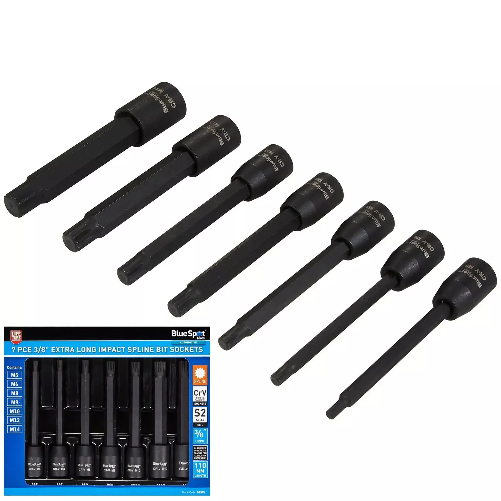BlueSpot Impact Spline Socket Set Extra Long 110mm 3/8" Drive M5-M14 7 Piece