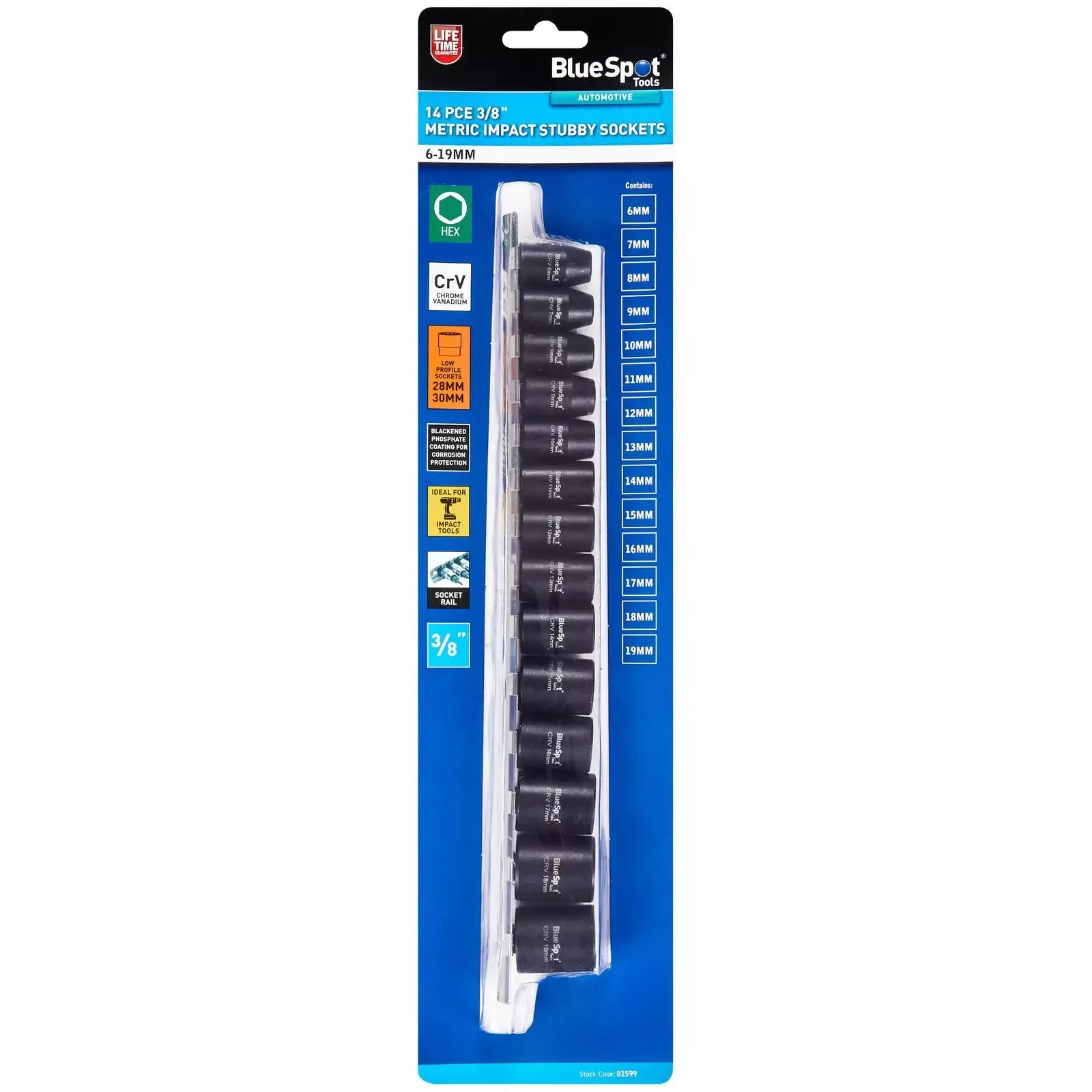 BlueSpot Impact Stubby Socket Set 3/8" Drive 6-19mm 14 Piece