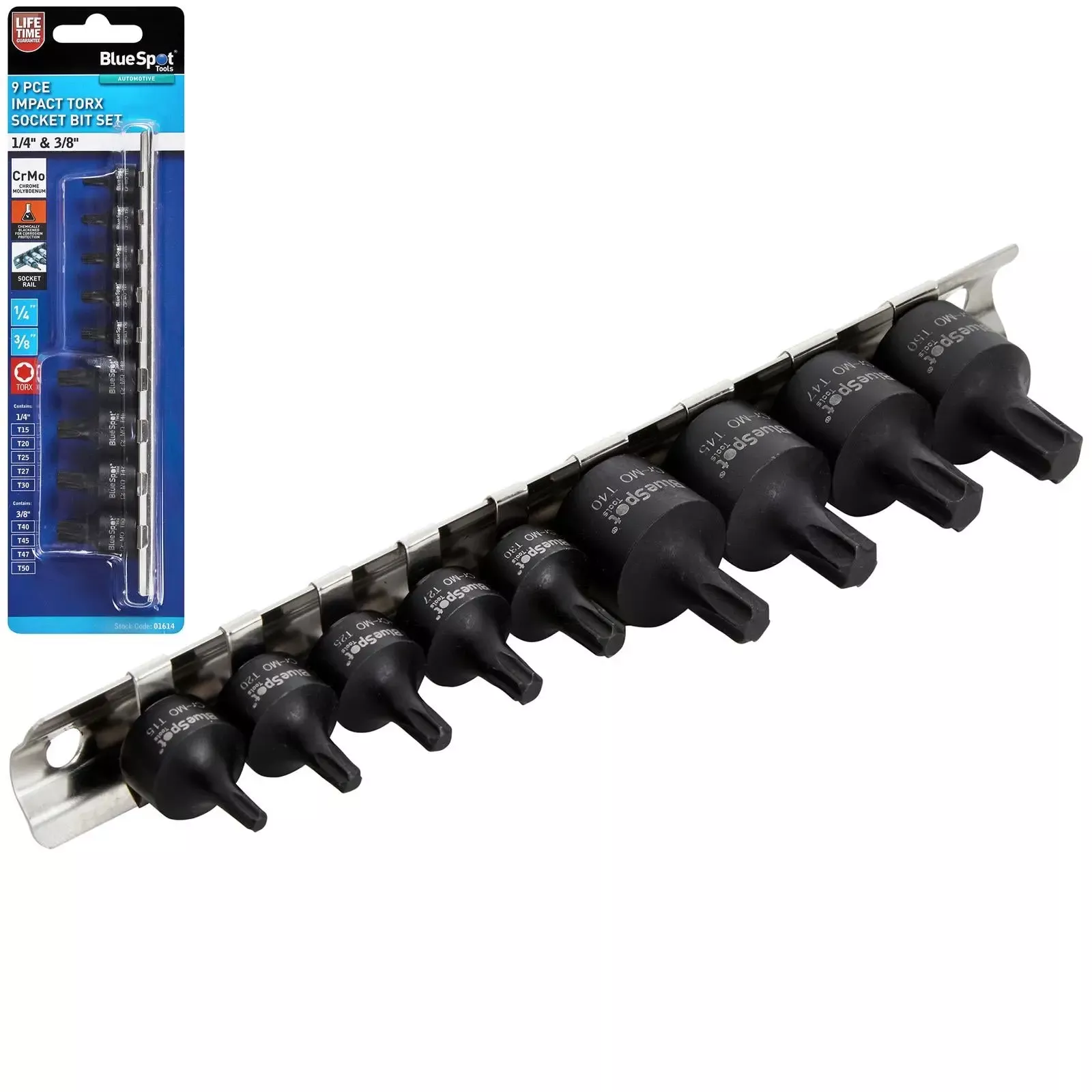BlueSpot Impact Torx Socket Set 1/4" 3/8" Drive T15-T50 9 Piece on Socket Rail