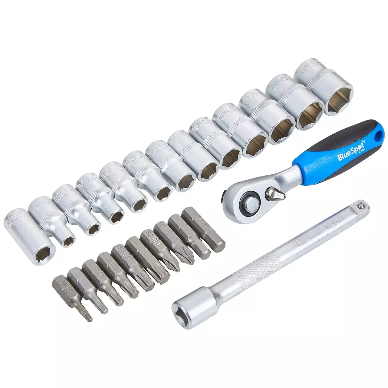 BlueSpot Ratchet Socket and Bit Set 25pc 1/4" Drive 4-13mm 1/4" Hex T10-T40 Torx