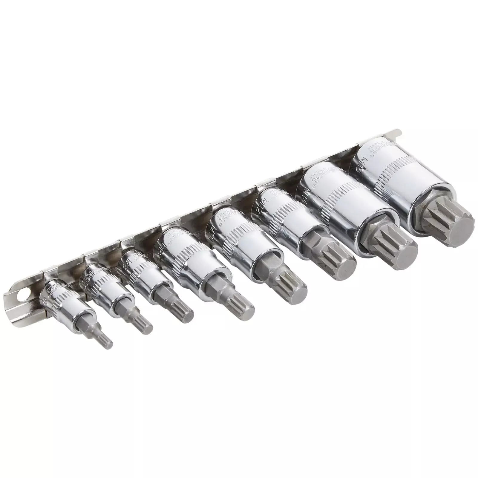 BlueSpot Spline Bit Socket Set on Socket Rail 1/4" 3/8" 1/2" Drive M4-M16 8 Piece