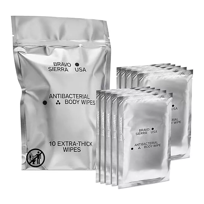Body Wipes by Bravo Sierra - 10 Individually Wrapped Extra Thick Biodegradable Shower Wipes with Benzalkonium Chloride & Aloe Vera for Adults, Men and Women - No Rinse Bathing Camping & Travel Wipes