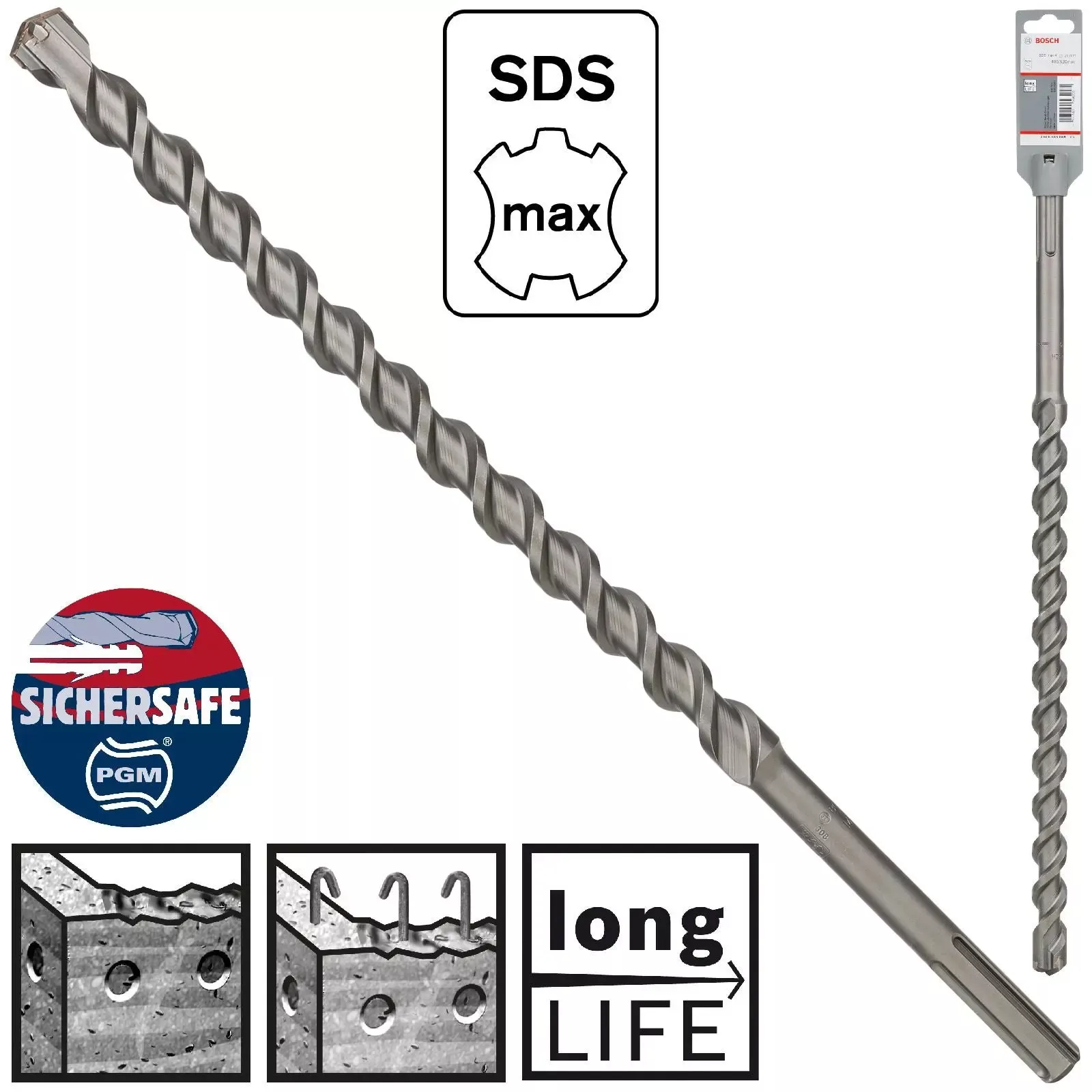 Bosch Hammer Drill Bit SDS Max 4 Cutter Head Concrete Masonry 25 x 520mm (WL:400mm)
