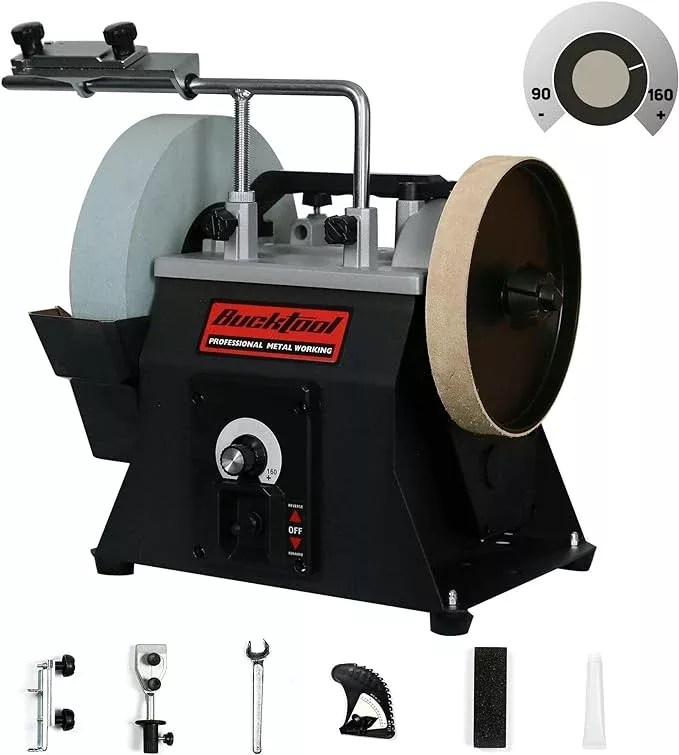 BUCKTOOL 10-Inch Variable Speed Wet Sharpening System, 1.2-Amp Two-Direction Water Cooled Wet Stone Grinder 90-160RPM, Wet Bench Grinder for Knife, Chisel, Knife, Axe, SCM8103