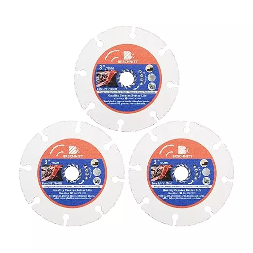 Carbide Multi Wheel,BRSCHNITT 3pcs 3 Inch (75mm) with Arbor 3/8 Inch (10mm) Tungsten Carbide Cut Off Wheel for Wood,Laminate,Gypsum Board,Plastic for Angle Grinder Cutting Disc.