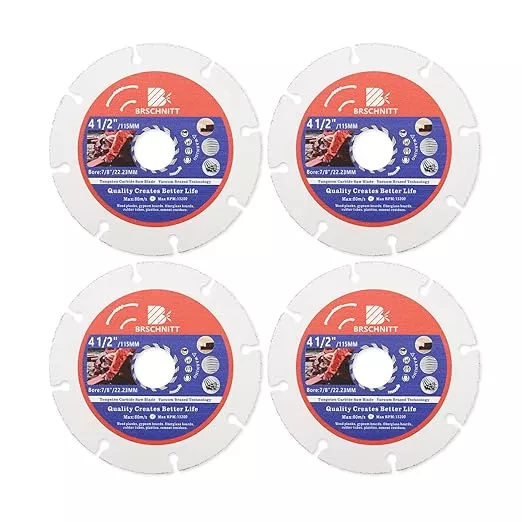Carbide Multi Wheel,BRSCHNITT 4pcs 4-1/2 Inch (115mm) with Arbor 7/8" Tungsten Carbide Cut Off Wheel for Wood,Laminate,Gypsum Board,Plastic for Angle Grinder Cutting Disc