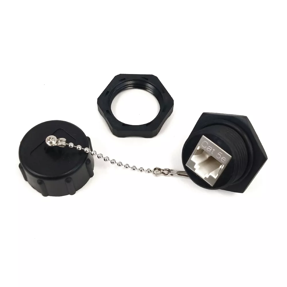 Cat5E RJ45 Female to 110 Punch Down Shielded Bulkhead Coupler - Waterproof IP68 Rated - Black