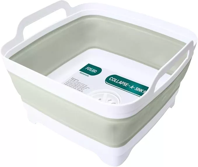 Collapsible Dish Basin with Drain Plug and Carry Handles - 9L Capacity, Portable Sink Tub for Camping and RV