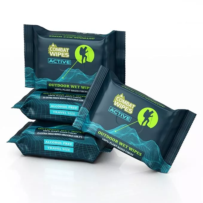 Combat Wipes ACTIVE Outdoor Wet Wipes - Extra Thick Camping Gear, Biodegradable, Body & Hand Cleansing/Refreshing Cloths for Backpacking & Gym w/Natural Aloe & Vitamin E (12 Pack, 300 Wipes)…