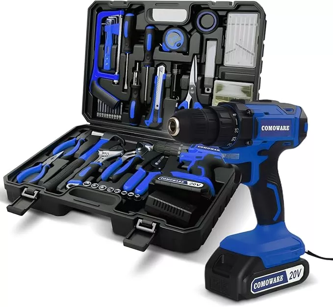 COMOWARE 120 Pcs Home Tool Kit with 20V Power Drill, Li-ion Battery & Charger - 25+1 Clutch Tool Set for Home, Garden & Office Repair - Blue Case
