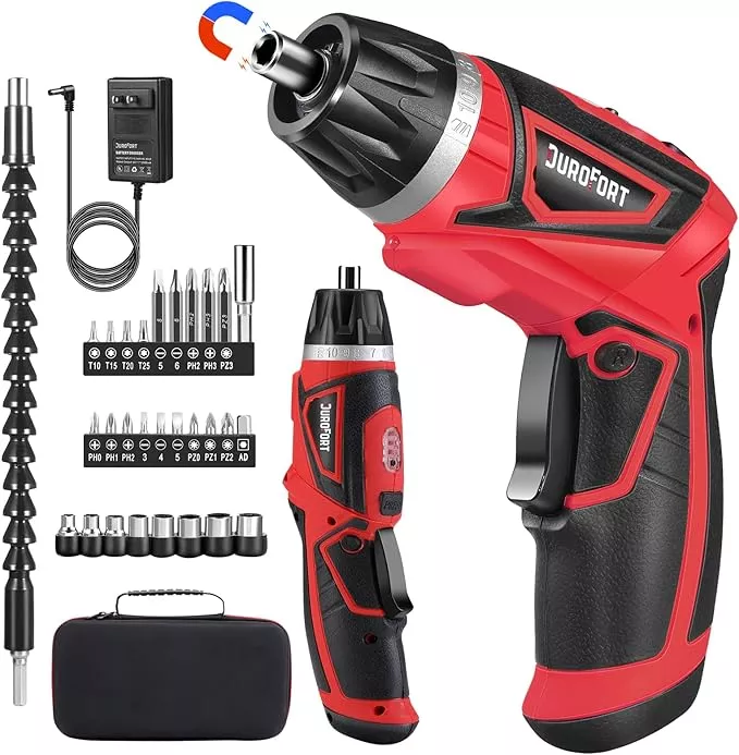 Cordless Electric Screwdriver Set, 8V 10Nm Rechargeable Power Electric Drill, Battery Screw Gun with Driver Bit, 320RPM/10+1 Torque, 2 Position Handle, Flexible Shaft LED Light (Pink, 39Pcs)