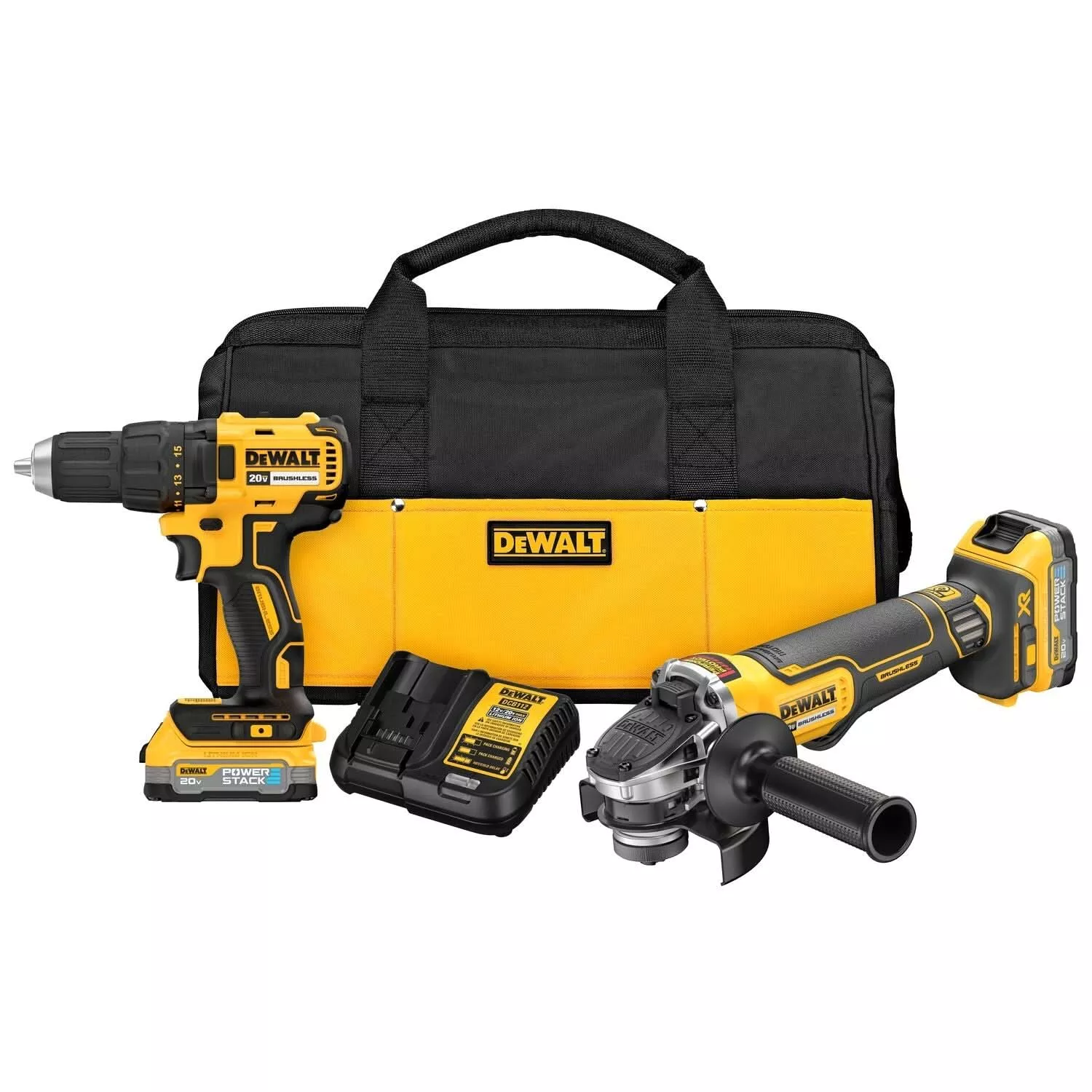 DeWalt DCK231E2 20V MAX Compact Drill Driver & Small Angle Grinder POWERSTACK 1.7Ah Kit